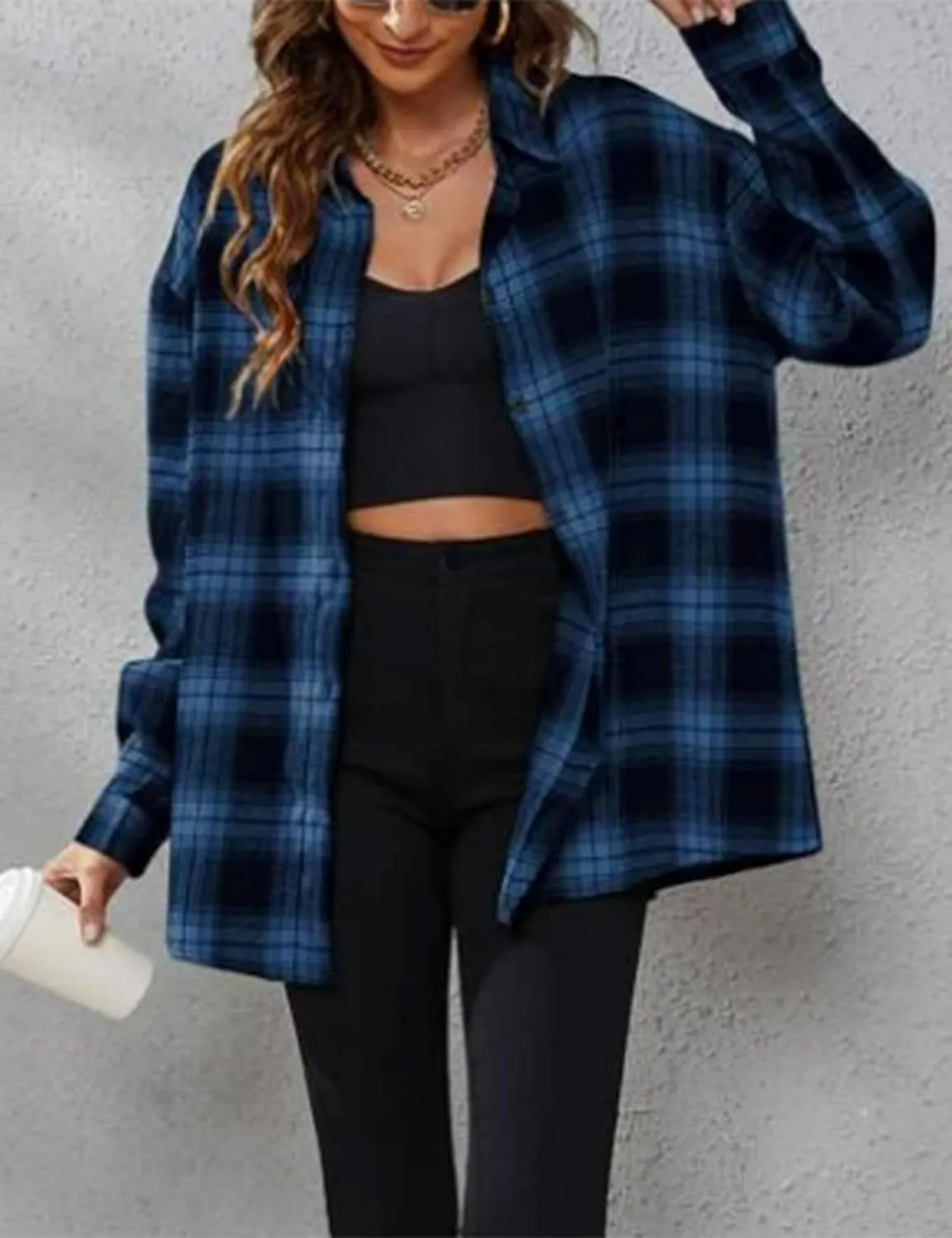 Womens Oversized Flannel Plaid Shirts Casual Button Down Blouse Tops with Pockets