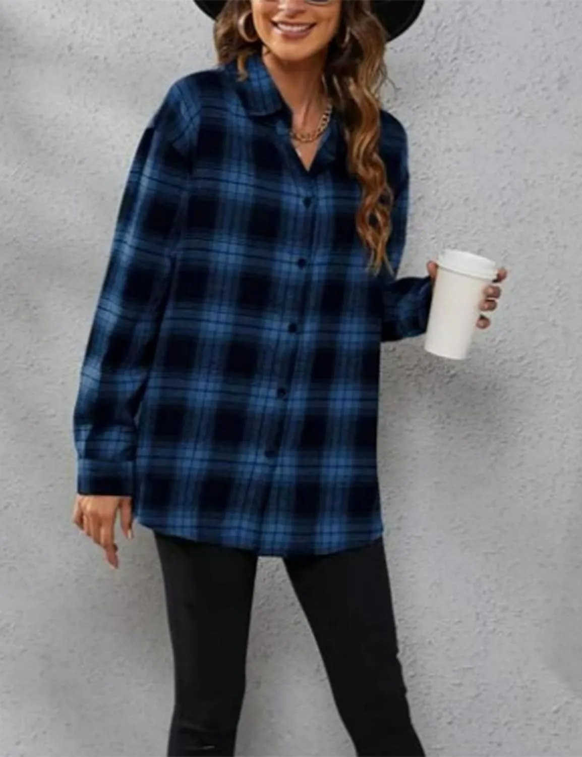 Womens Oversized Flannel Plaid Shirts Casual Button Down Blouse Tops with Pockets