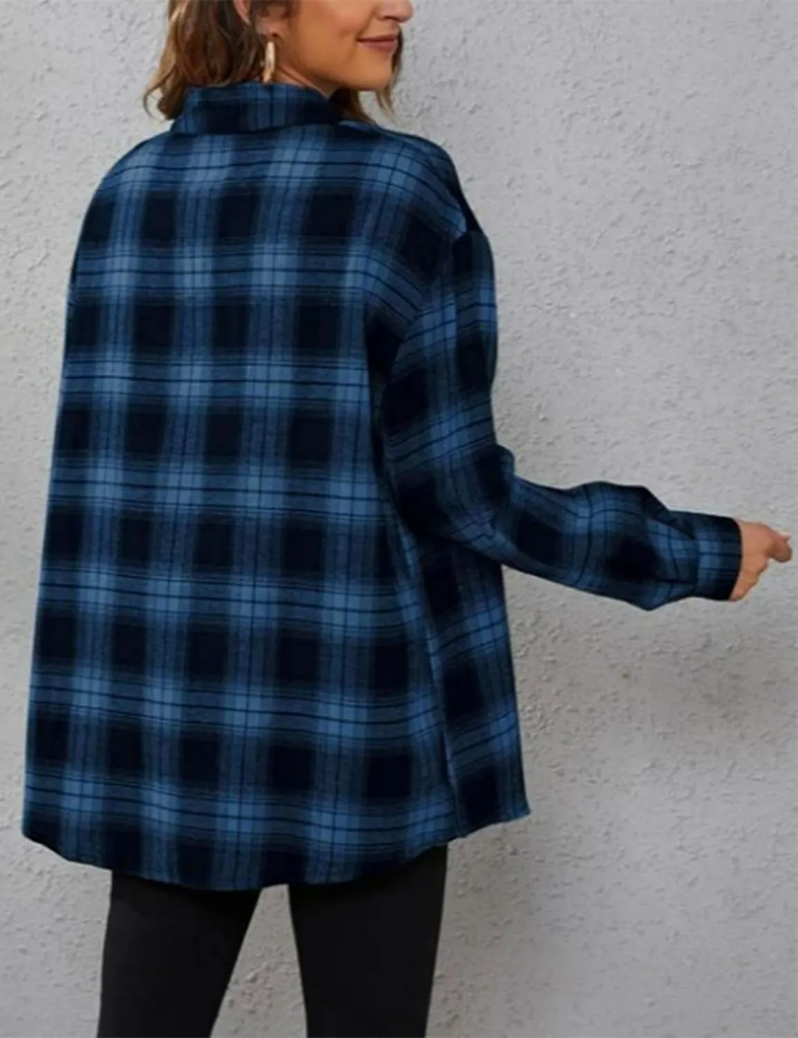 Womens Oversized Flannel Plaid Shirts Casual Button Down Blouse Tops with Pockets