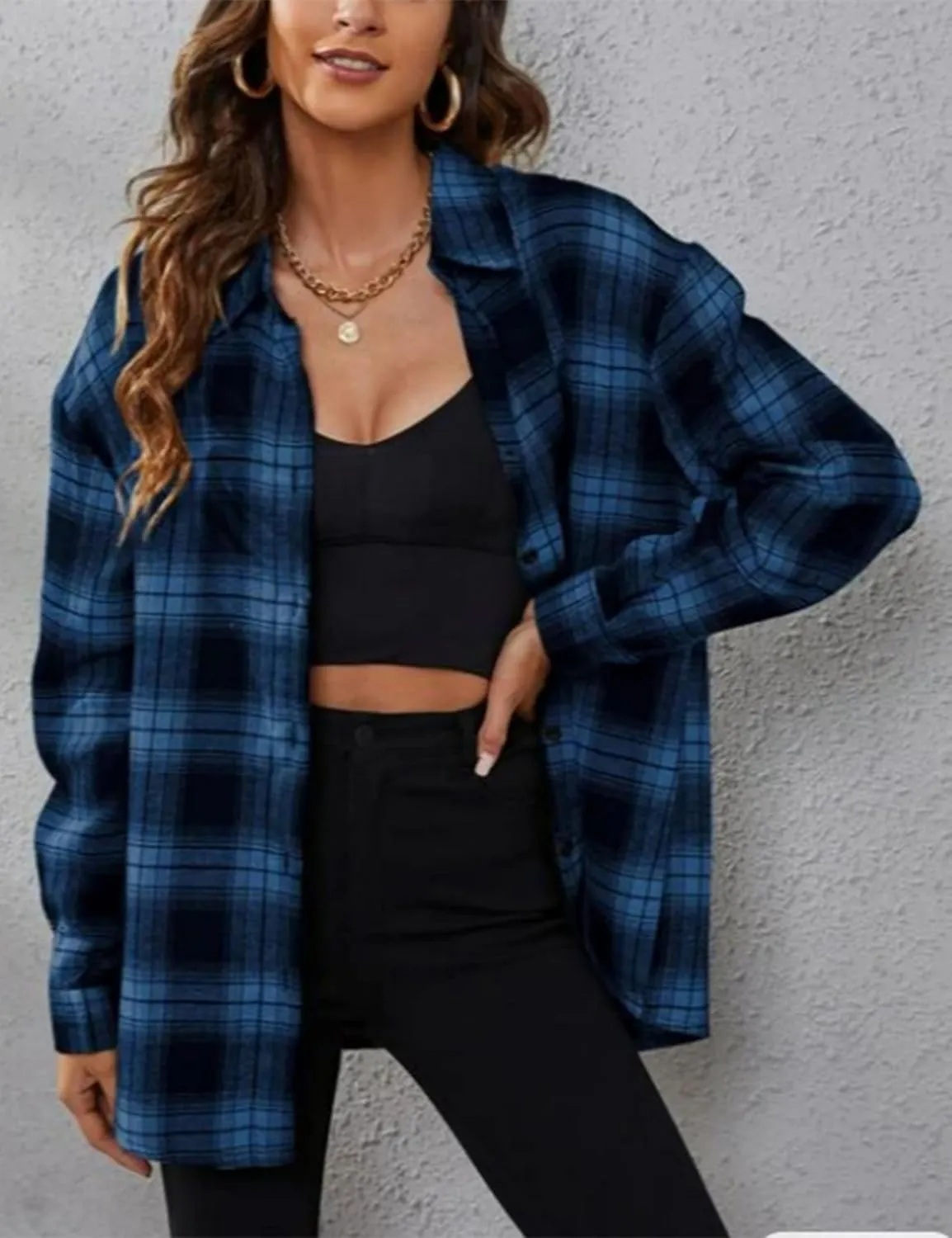 Womens Oversized Flannel Plaid Shirts Casual Button Down Blouse Tops with Pockets