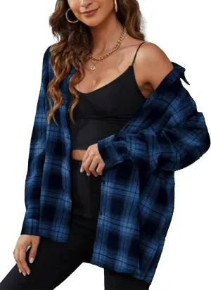 Womens Oversized Flannel Plaid Shirts Casual Button Down Blouse Tops with Pockets