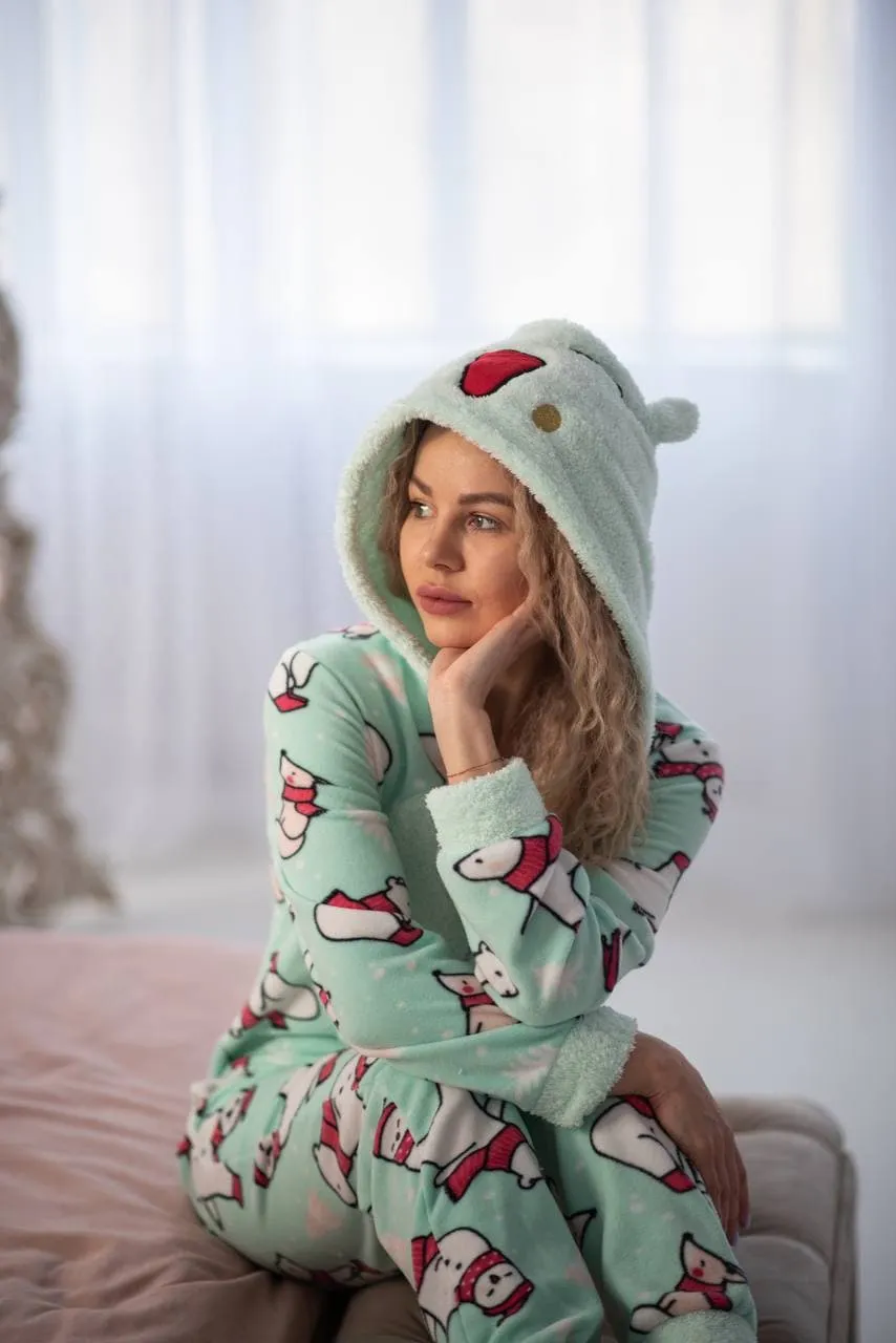 Cozy Womens Red Alpaca Pajama Jumpsuit with Bottom Pocket – Stylish Kigurumi Loungewear 