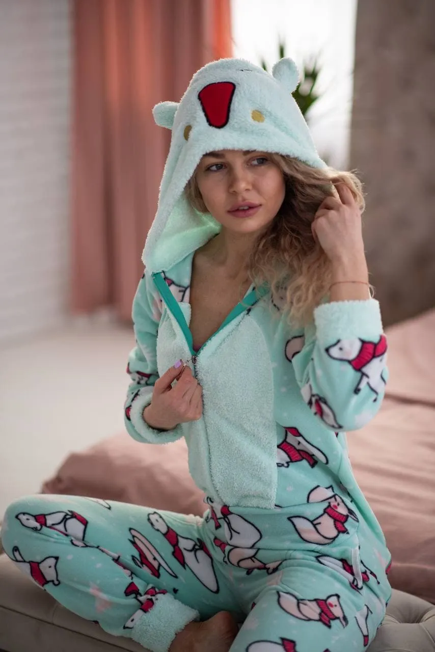 Cozy Womens Red Alpaca Pajama Jumpsuit with Bottom Pocket – Stylish Kigurumi Loungewear 