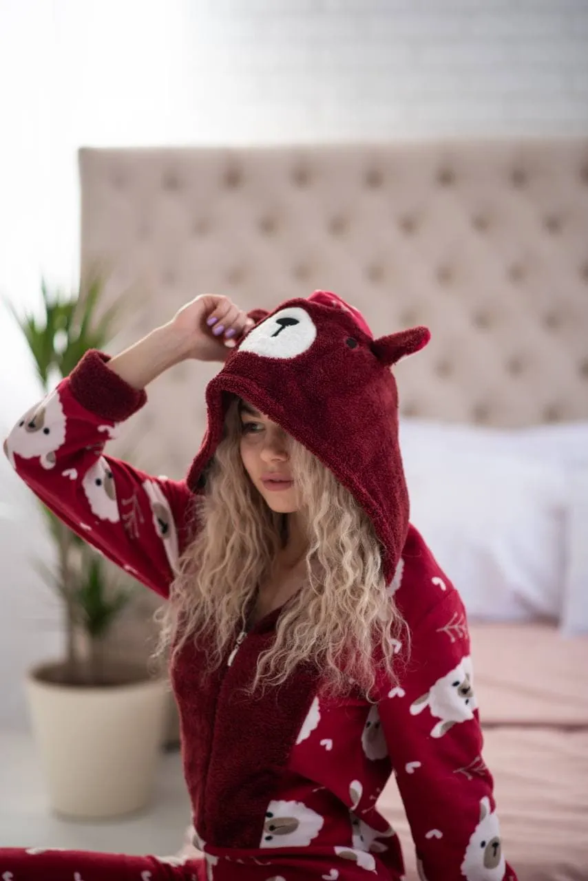 Cozy Womens Red Alpaca Pajama Jumpsuit with Bottom Pocket – Stylish Kigurumi Loungewear 
