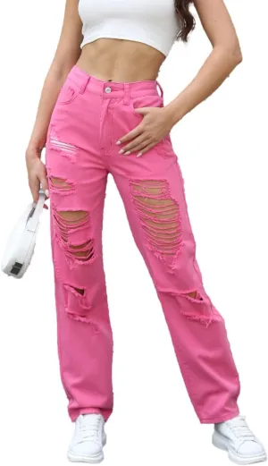 Women's Pink Ripped High Waisted Jeans - Distressed Straight Leg Y2K Pants - Size M (Long Inseam)