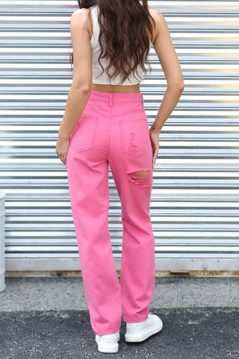 Women's Pink Ripped High Waisted Jeans - Distressed Straight Leg Y2K Pants - Size M (Long Inseam)