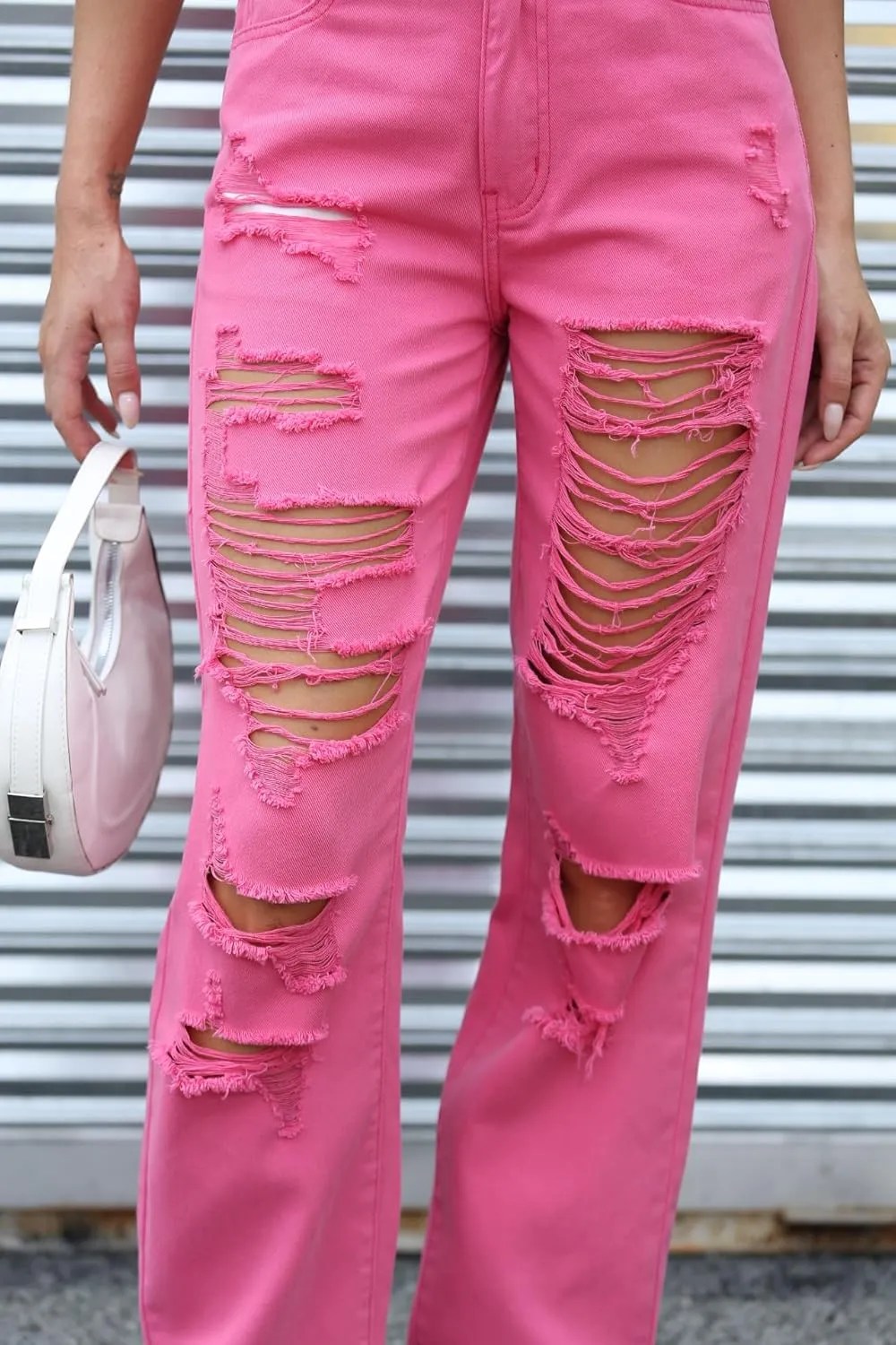 Women's Pink Ripped High Waisted Jeans - Distressed Straight Leg Y2K Pants - Size M (Long Inseam)
