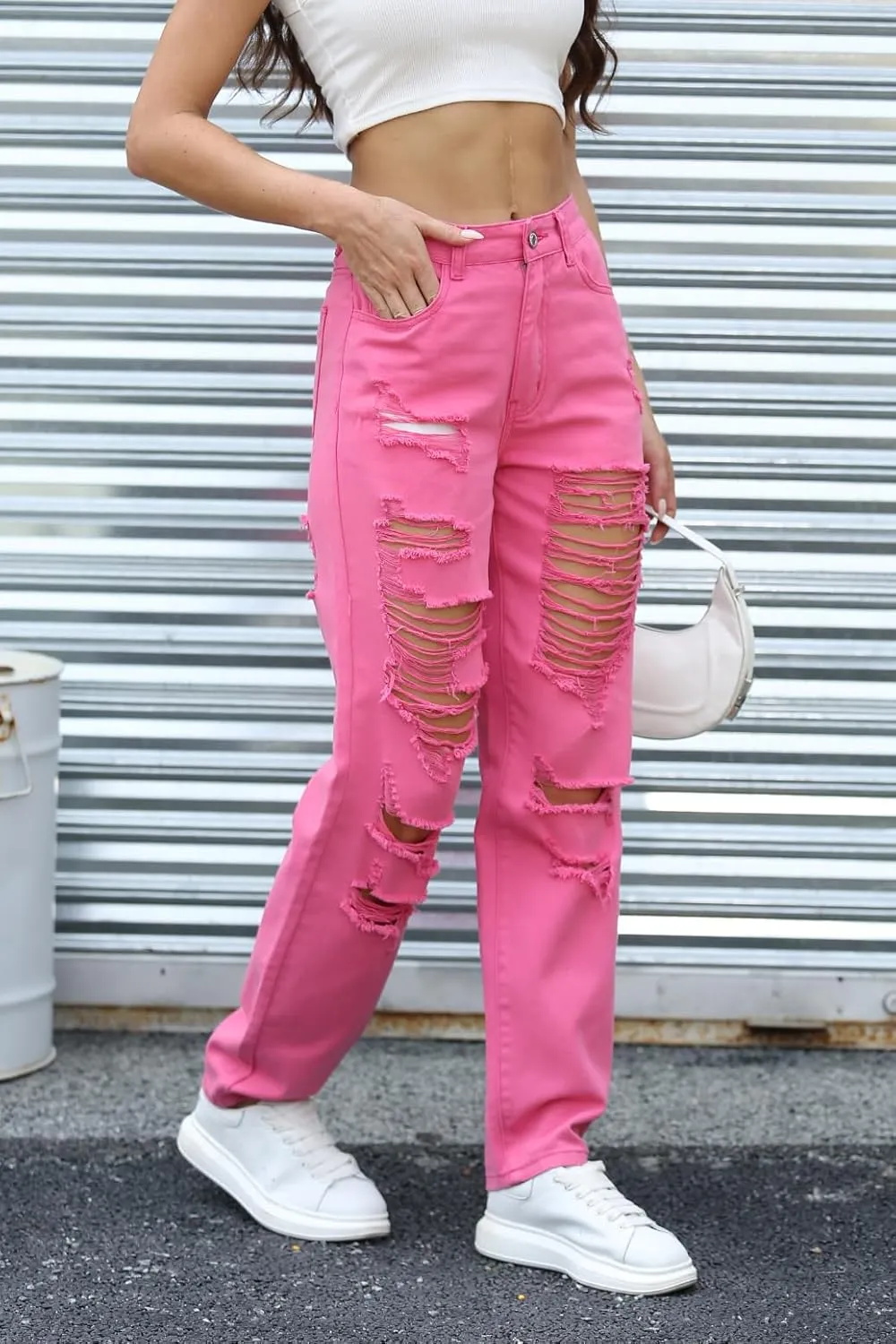 Women's Pink Ripped High Waisted Jeans - Distressed Straight Leg Y2K Pants - Size M (Long Inseam)