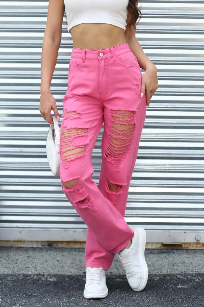 Women's Pink Ripped High Waisted Jeans - Distressed Straight Leg Y2K Pants - Size M (Long Inseam)