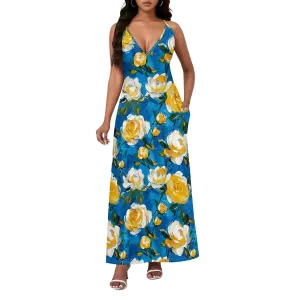 Womens Sexy Casual Spaghetti Strap Dress Deep V Neck Sleeveless Backless Halter Sundress with Pockets