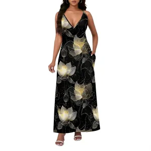 Womens Sexy Casual Spaghetti Strap Dress Deep V Neck Sleeveless Backless Halter Sundress with Pockets