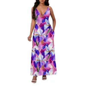 Womens Sexy Casual Spaghetti Strap Dress Deep V Neck Sleeveless Backless Halter Sundress with Pockets