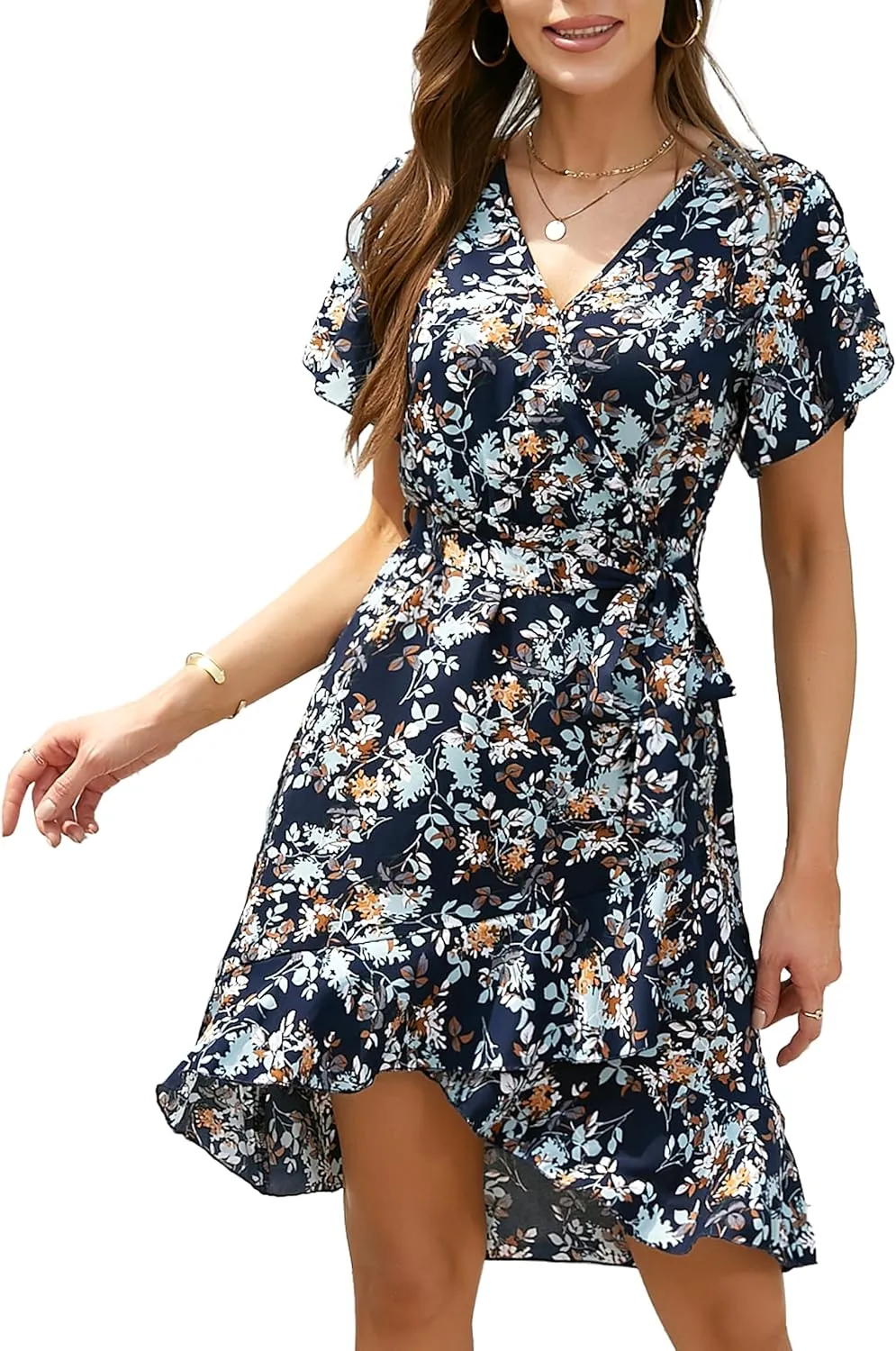 Womens Summer Dress 2025 Floral Boho Dress Wrap V Neck Short Sleeve Ruffle A Line Flowy High Low Midi Dresses