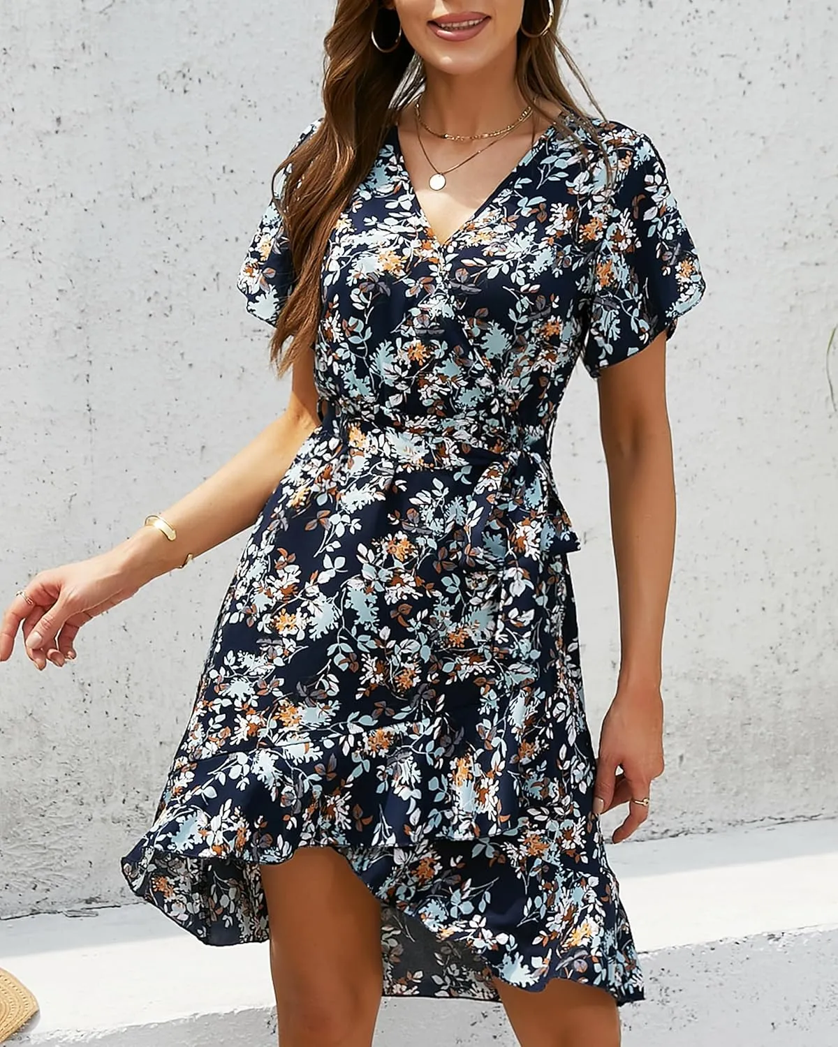 Womens Summer Dress 2025 Floral Boho Dress Wrap V Neck Short Sleeve Ruffle A Line Flowy High Low Midi Dresses