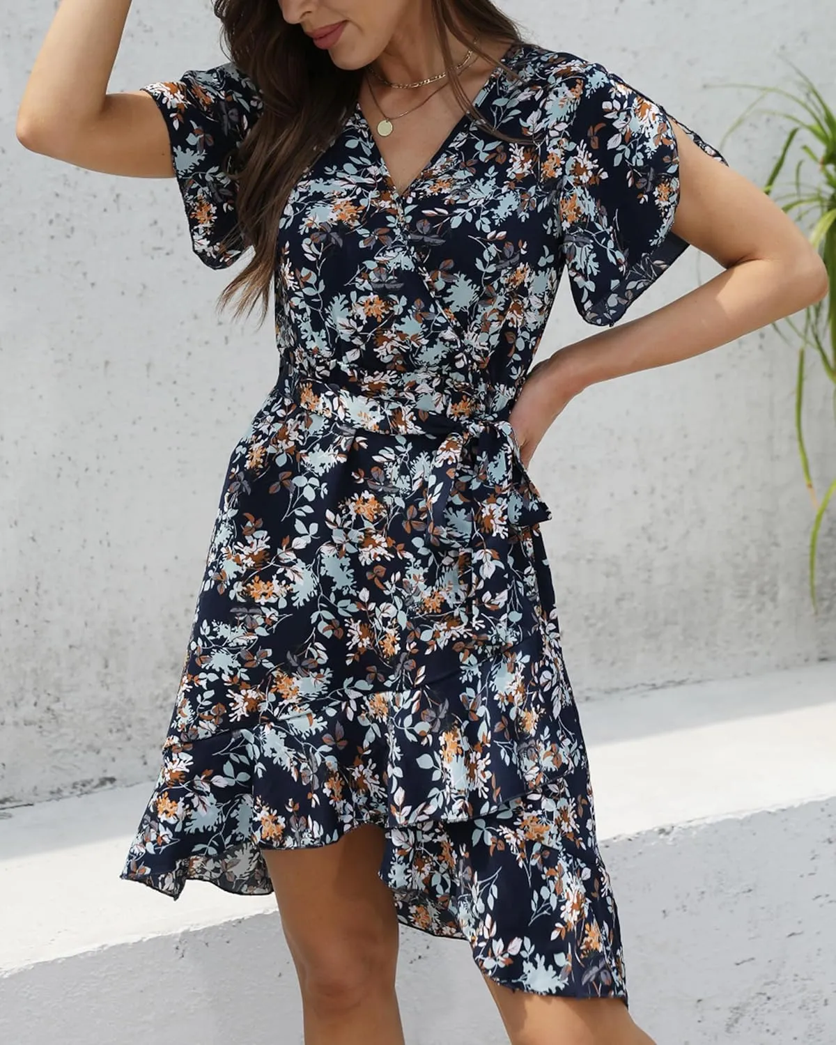 Womens Summer Dress 2025 Floral Boho Dress Wrap V Neck Short Sleeve Ruffle A Line Flowy High Low Midi Dresses