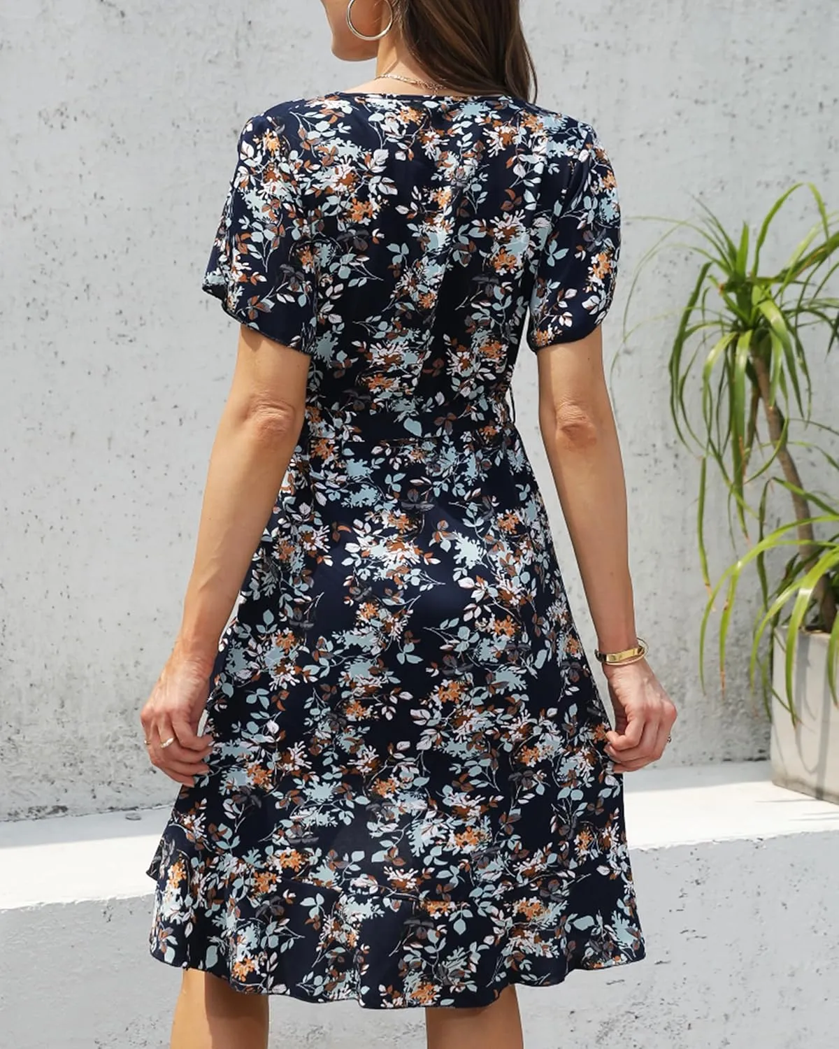 Womens Summer Dress 2025 Floral Boho Dress Wrap V Neck Short Sleeve Ruffle A Line Flowy High Low Midi Dresses