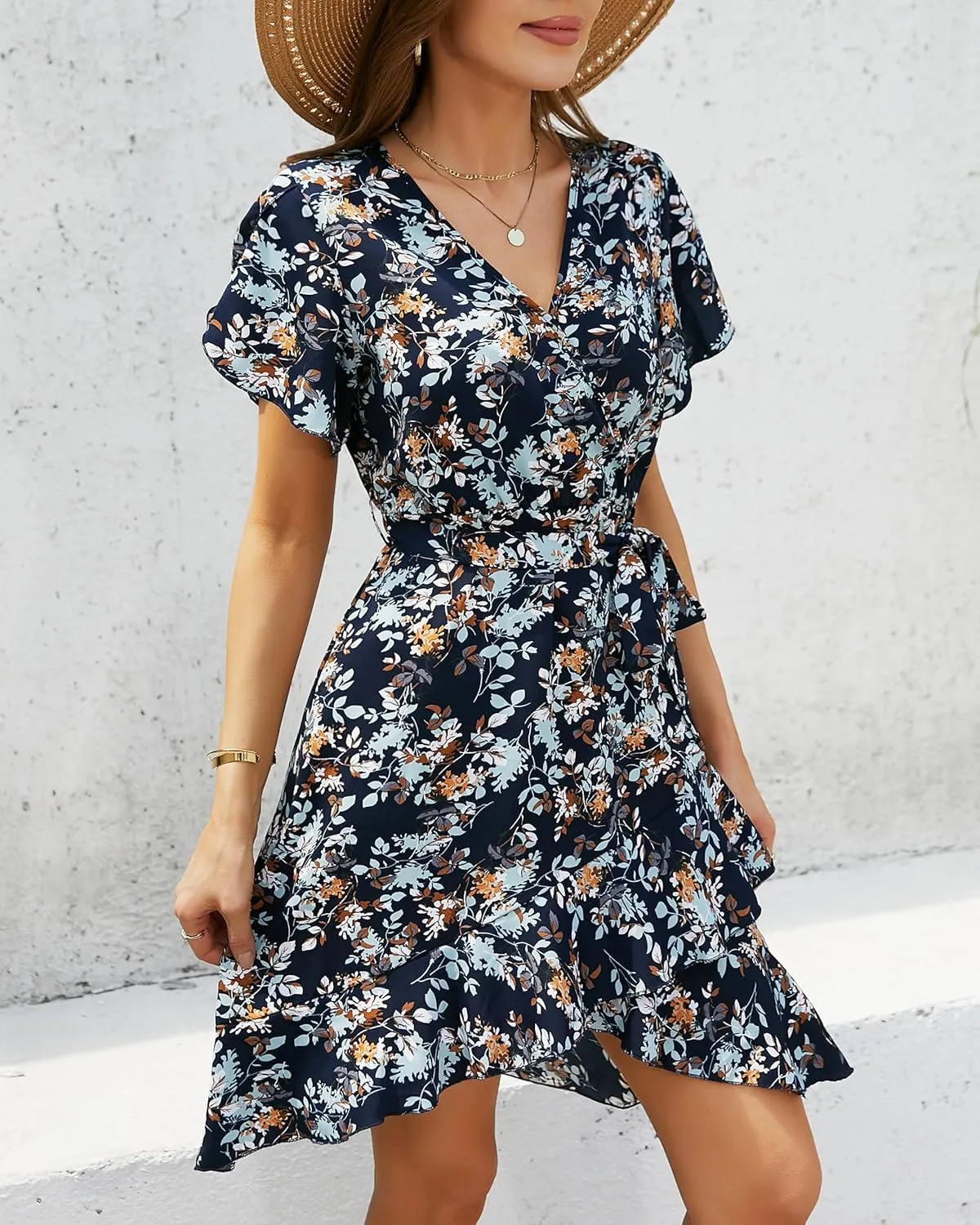 Womens Summer Dress 2025 Floral Boho Dress Wrap V Neck Short Sleeve Ruffle A Line Flowy High Low Midi Dresses
