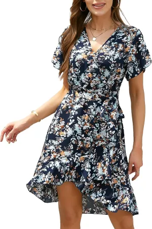 Womens Summer Dress 2025 Floral Boho Dress Wrap V Neck Short Sleeve Ruffle A Line Flowy High Low Midi Dresses