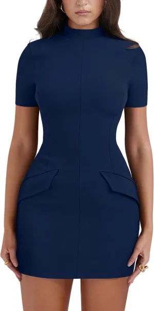 YMDUCH Women's Short Sleeve Mock Turtle Neck Bodycon Mini Tank Short Party Dress