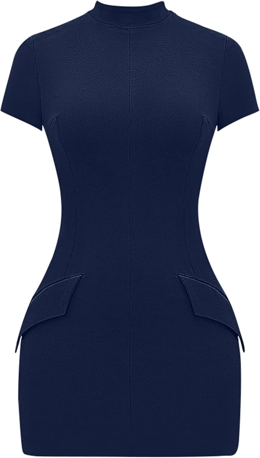 YMDUCH Women's Short Sleeve Mock Turtle Neck Bodycon Mini Tank Short Party Dress