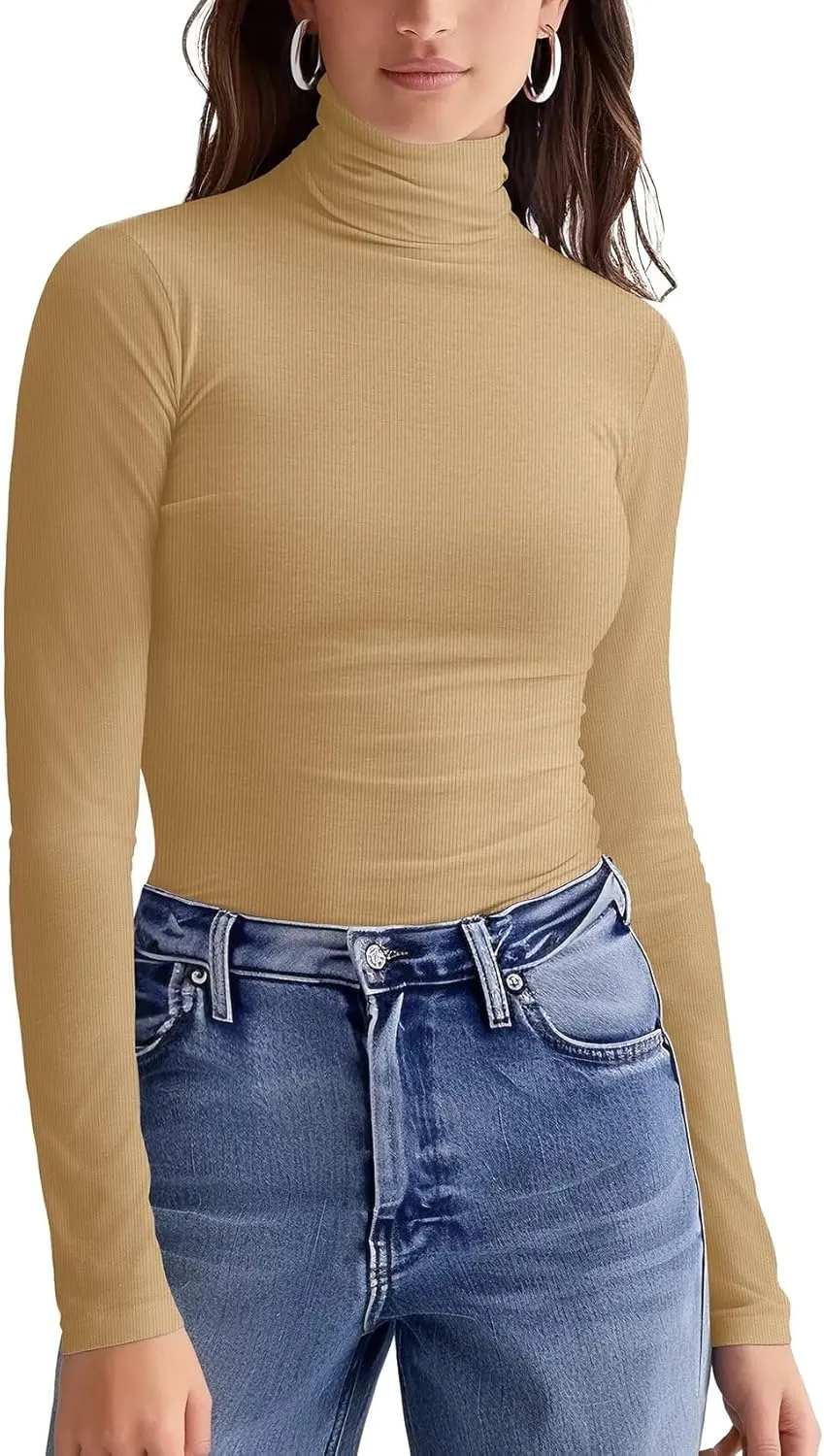 Zengjo Turtleneck Shirt Women-Ribbed Long Sleeve Tops Slim Fitted Base Layer Soft Stretch