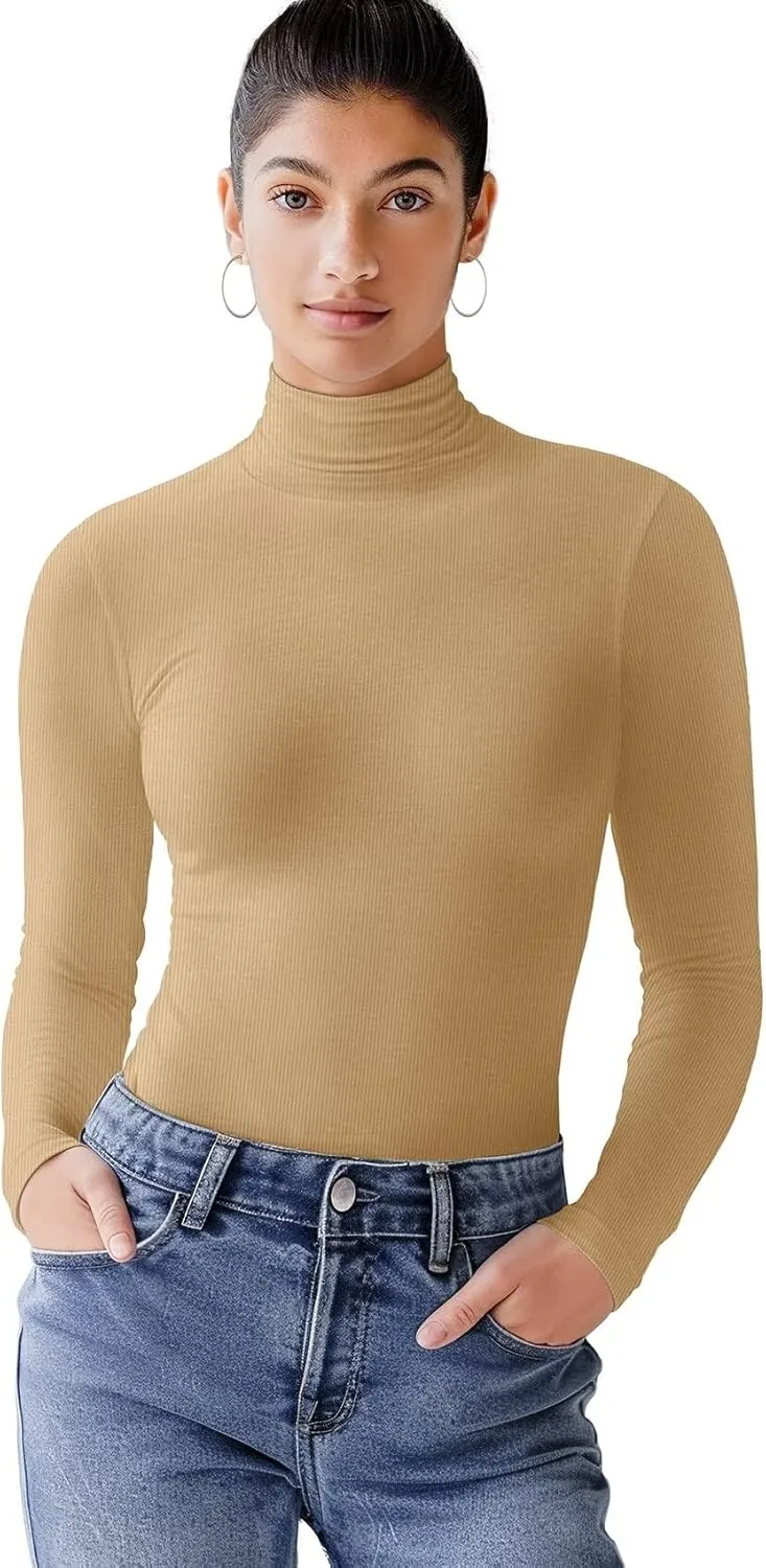 Zengjo Turtleneck Shirt Women-Ribbed Long Sleeve Tops Slim Fitted Base Layer Soft Stretch