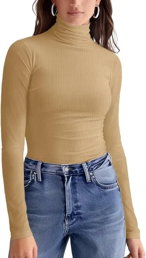 Zengjo Turtleneck Shirt Women-Ribbed Long Sleeve Tops Slim Fitted Base Layer Soft Stretch