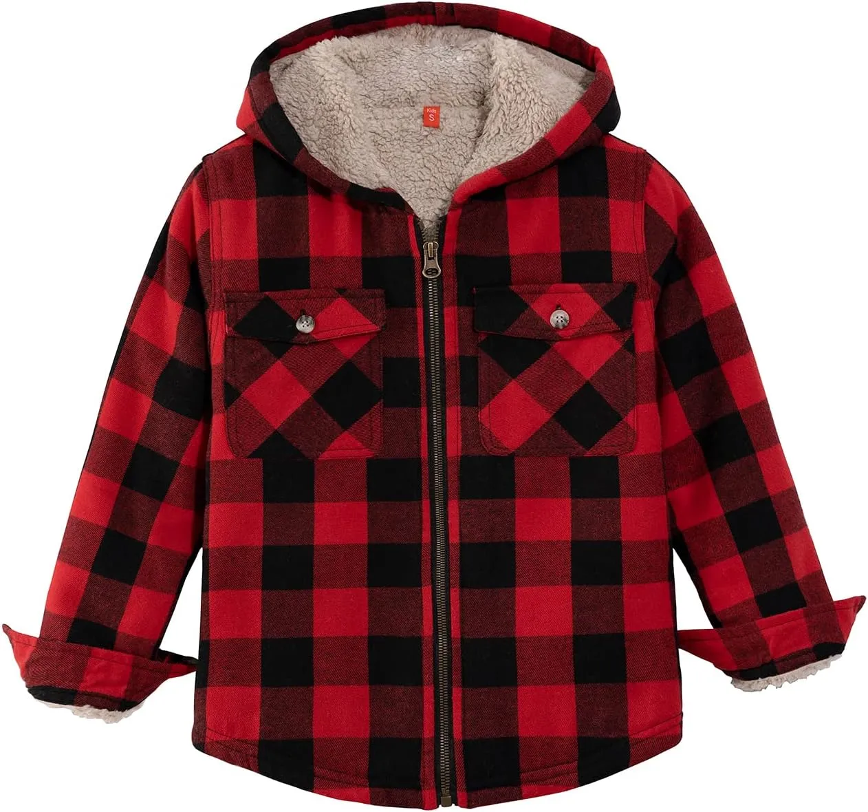 ZENTHACE Girls Sherpa Lined Full Zip Up Plaid Flannel Shirt Fuzzy Hooded Flannel Jacket with Hand Pockets