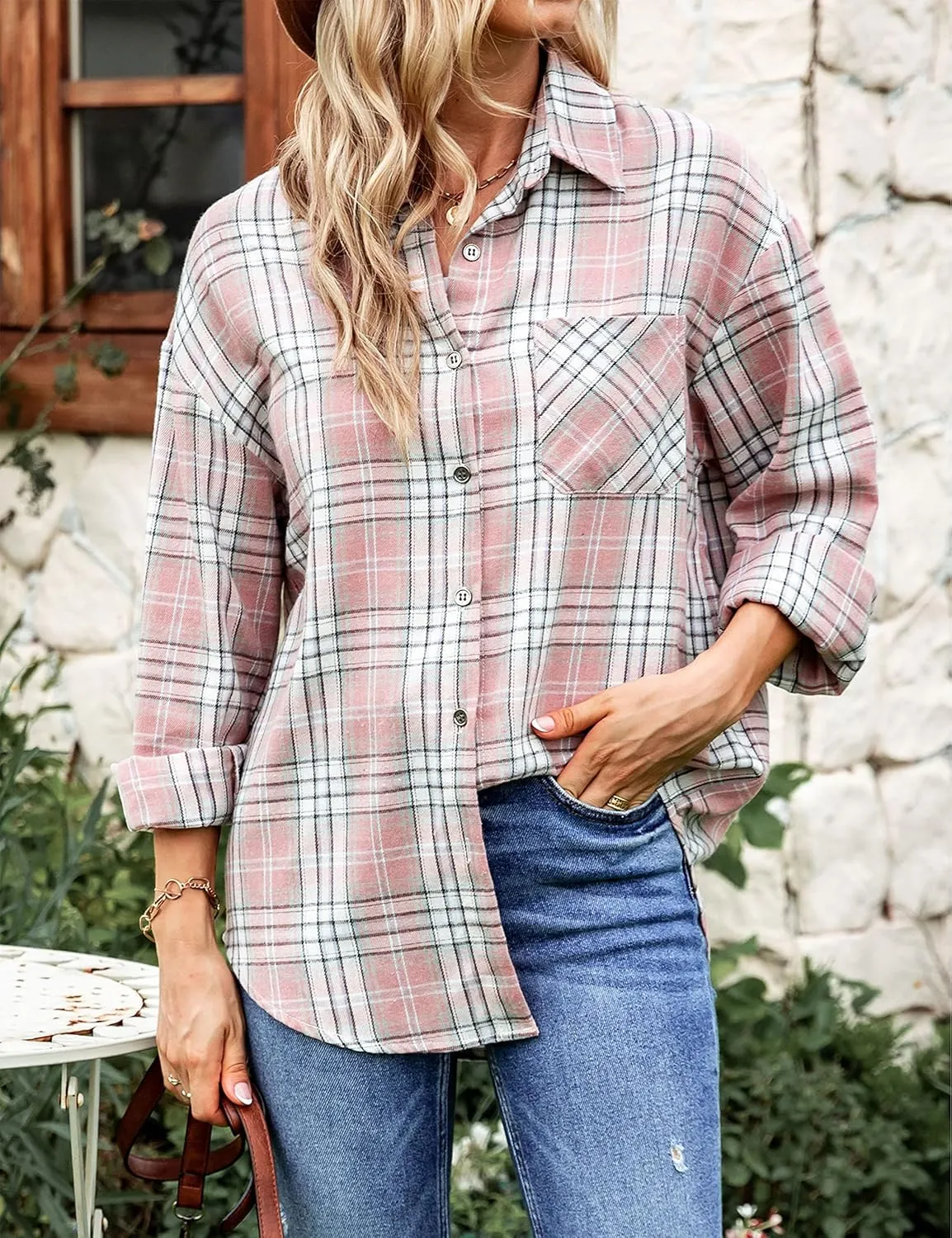 Zontroldy Womens Flannel Shirt Plaid Buffalo Long Sleeve Button Down Oversized Flannels Shirts Blouse Tops