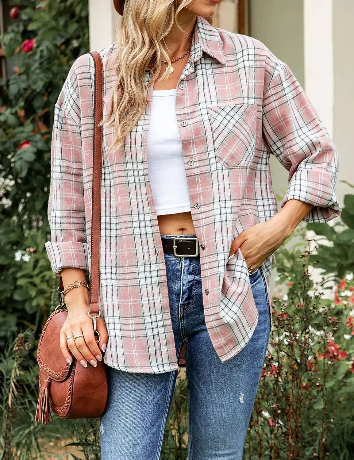 Zontroldy Womens Flannel Shirt Plaid Buffalo Long Sleeve Button Down Oversized Flannels Shirts Blouse Tops