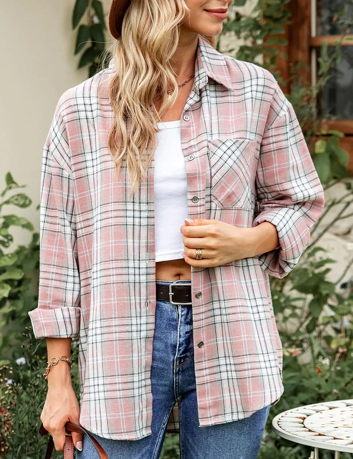 Zontroldy Womens Flannel Shirt Plaid Buffalo Long Sleeve Button Down Oversized Flannels Shirts Blouse Tops