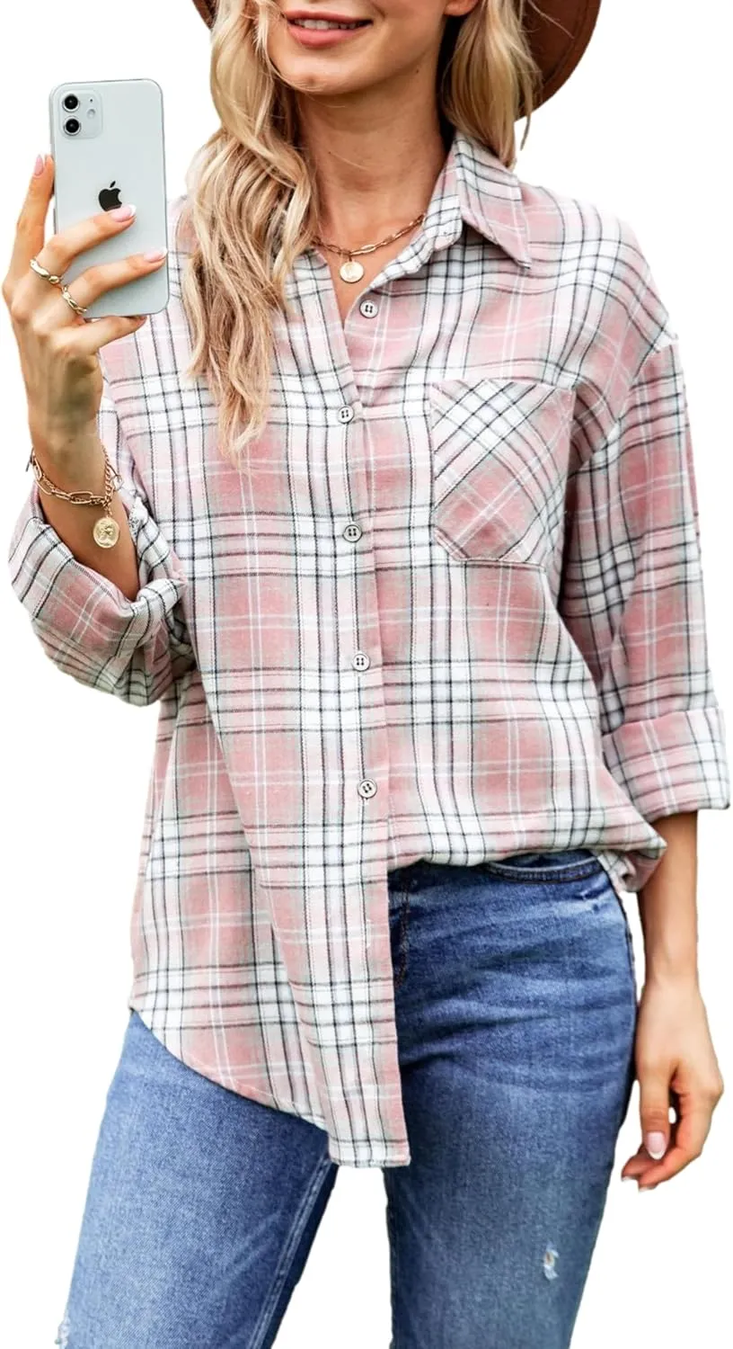 Zontroldy Womens Flannel Shirt Plaid Buffalo Long Sleeve Button Down Oversized Flannels Shirts Blouse Tops